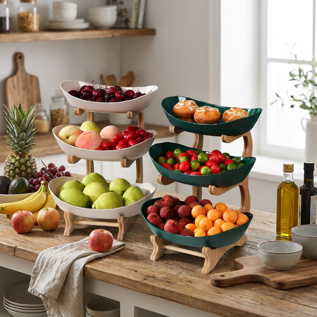 Multi-tiered wooden fruit bowl lifestyle